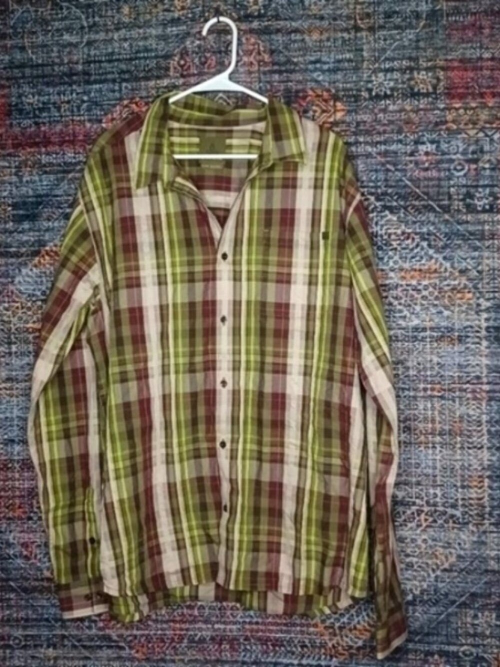 prAna mens brown olive lime beige plaid button front shirt XL EUC